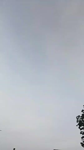 The video opens with a view of a tree's canopy against a bright, hazy sky. As the camera pans down and to the right, a corrugated metal roof becomes prominent in the foreground, extending across the lower half of the frame. The sky above the roof is a light gray-white, with the sun just beginning to peek over the distant horizon, casting a soft glow. In the far distance, beyond the roofline, faint outlines of what appear to be hills or other structures are visible, shrouded in a light mist or haze. Another tree is partially visible on the right side of the frame as the camera continues its slow pan, revealing more of the brightening sky and the rising or setting sun. The scene depicts an outdoor environment, likely during sunrise or sunset, with a focus on the roof of a building and the natural light of the sky. No people or visible text are present.