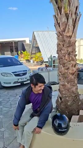 The video begins with a close-up of a smiling young man wearing a purple t-shirt and a blue jacket, sitting on a beige ledge. He is outdoors on a paved area, with a white Toyota car parked behind him. To the right, a tall palm tree trunk is visible. The scene then transitions to a shot of the front of a black car with red accents, parked on the same paved surface. A palm tree stands behind it, and a white SUV is parked to its right. The video then pans to a white SUV parked next to a black car. Several men in traditional Muslim attire are sitting on the ground under a large, white umbrella structure. The background shows a clear blue sky, some buildings, and distant hills. The video concludes with a wider shot of the umbrella structure and the surrounding outdoor area, with more men sitting under the shade.