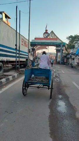 A man wearing a pink shirt is pushing a blue cart on a paved road. The cart has a blue tarp covering its contents. The man is facing away from the camera and is moving towards a large archway in the distance. To the left of the man and cart is a white truck with blue and red stripes. The truck has "SINGAPORE" written on its side. The road appears wet in places, suggesting recent rain. In the background, beyond the archway, there are buildings and other people. The sky is clear and a pale blue, indicating it is likely early morning or late afternoon.