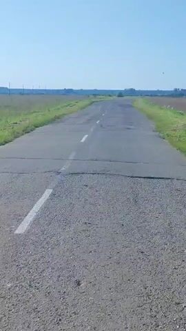 The video is a first-person perspective of someone traveling on a rural road. The road is paved but in poor condition, with visible cracks and potholes. There are white lines marking the lanes. On either side of the road, there are grassy fields. In the distance, there appears to be a treeline and some power lines. The sky is clear and blue, indicating a sunny day. The camera is mostly stationary, with slight movements suggesting walking or cycling.