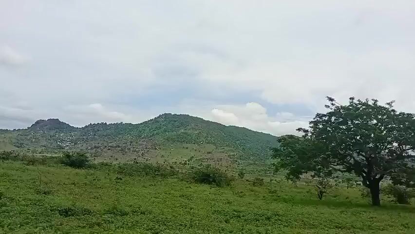 The video captures a panoramic view of a hilly, green landscape under a cloudy sky. The camera appears to be mounted inside a vehicle, as suggested by the presence of a side mirror and a glimpse of the vehicle's interior in the foreground of the last frame. Rolling hills covered in dense vegetation dominate the scenery, with some rocky outcrops visible on the slopes. The terrain appears to be mostly undeveloped, with sparse trees and bushes scattered across the fields. In the distance, the outline of more hills can be seen, fading into the hazy sky. The overall impression is one of a rural, natural environment, possibly a vast countryside or a nature reserve.