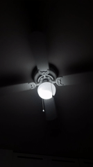 Ceiling fan photographed operating in dark room