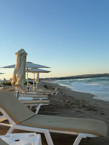 The video shows a beach scene with empty lounge chairs and umbrellas on the sand. The ocean waves are rolling onto the shore. The sky is clear and blue. The video pans across the beach and the ocean.