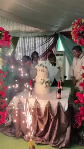 A wedding celebration is underway under a white tent decorated with red rose garlands and sheer green and black fabric. A multi-tiered white wedding cake sits on a table adorned with brown and gold fabric. The bride and groom, both dressed in white, are cutting the cake while surrounded by several other people, including two groomsmen in white tuxedos and two people wearing what seems to be uniforms. Two bottles of sparkling cider flank the cake. Sparklers are actively emitting bright light and sparks from near the bottom of the table, adding to the festive atmosphere.