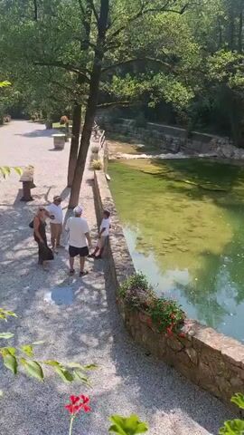 The video opens with a wide shot of a serene natural setting featuring a clear, green body of water. The water is surrounded by lush green trees and rocky terrain. The camera then pans to show a group of people standing on a paved walkway near the water's edge. One person is wearing a white t-shirt and black shorts, while another is in a white t-shirt and shorts. There are several other individuals visible, their faces obscured. A small child in a white shirt and shorts is also present, standing closer to the water. The walkway is lined with a low stone wall, adorned with red flowers. The camera then moves to capture a cascading waterfall, its water flowing over rocky formations into the green pool below. A wooden water wheel is partially visible to the right of the waterfall. The perspective shifts to show a portion of a rustic structure, possibly a building, with exposed brickwork and wooden beams. Hanging from a beam is a decorative lantern, entwined with vines. Further in the background, a building with wooden shutters can be seen. The video ends with a view of a small round table and chairs, suggesting an outdoor seating area, with a wooden bench visible behind them. The overall scene conveys a tranquil and picturesque atmosphere, likely a park or natural reserve with man-made elements.