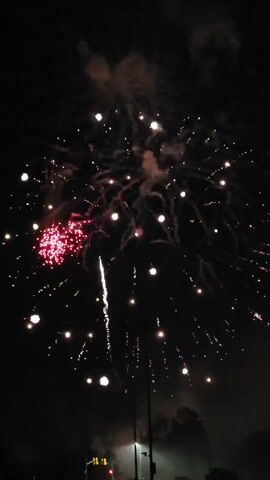 The video shows a fireworks display at night. The fireworks are exploding in various colors and patterns against a dark sky. In the foreground, there are silhouettes of trees, streetlights, and a traffic light. The display appears to be a public event, possibly a celebration.
