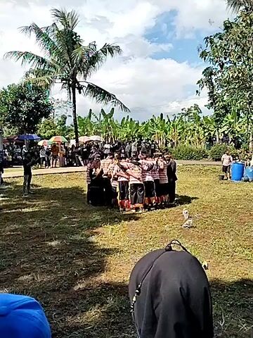 A group of people in traditional Indonesian clothing stand in a tight circle in a grassy field. A crowd watches from behind them. In the background are banana trees and a tall palm tree against a partly cloudy sky. A person wearing a black head covering is in the foreground.