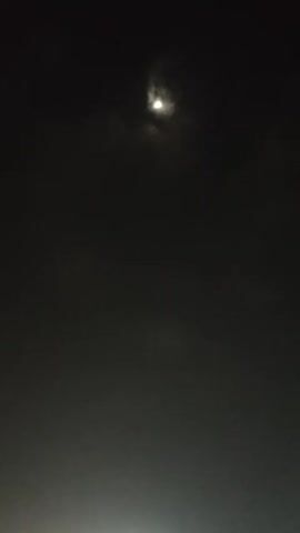 The video is a low-light recording of a nighttime sky with a bright object, likely the moon, partially obscured by clouds. The scene pans slightly downwards, revealing distant lights and trees at the bottom of the frame, suggesting an urban or suburban environment. The lighting is dim and atmospheric.