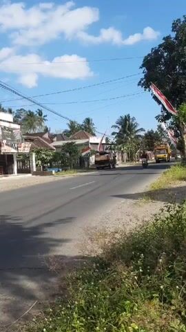The video opens with a wide shot of a paved road on a sunny day. The sky is blue with white clouds. On the left side of the road, there are several buildings with white walls and tiled roofs, along with some trees. A few Indonesian flags are visible on poles. On the right side of the road, there is a patch of green grass and plants. The road itself is gray and appears to be a two-lane road. There are power lines stretching across the sky. In the distance, a yellow truck loaded with logs is driving away from the camera. As the video progresses, a motorcycle with two riders passes by, followed closely by the yellow truck. The truck has "MITSUBISHI" written on the front. The video ends with a closer shot of the truck from the side as it continues down the road.