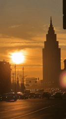 Moscow streets at dusk, Soviet and modern architecture on display
