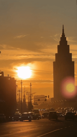 Moscow streets at dusk, Soviet and modern architecture on display