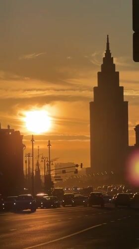 Moscow streets at dusk, Soviet and modern architecture on display