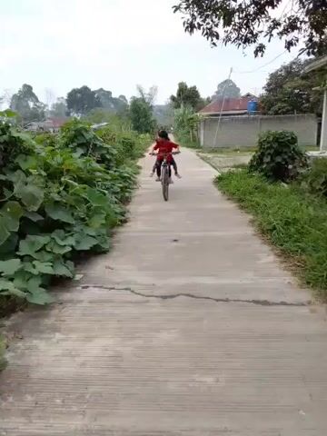 The video shows two young boys riding a bicycle down a paved path. The boy in the front is wearing a red shirt and the boy in the back is wearing a black shirt. Both boys are smiling and appear to be enjoying themselves. The path is lined with lush green foliage and trees, and there are houses and buildings visible in the background. The sky is overcast, suggesting it might be a cloudy day. The camera appears to be filming from a slightly elevated position, likely another person on a bicycle or walking behind them. The overall scene depicts a playful and carefree moment of childhood.