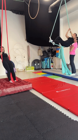 Women practice aerial silk acrobatics at Montenegro studio