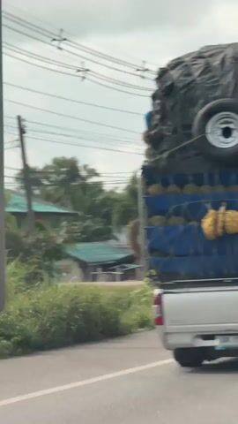 A side view of a silver pickup truck heavily loaded with durians is shown driving on a road. The durians are packed in crates and covered with a black tarp and a blue net. A spare tire is strapped to the top of the load. The truck is passing by houses and trees under an overcast sky. The license plate of the truck is visible, and it appears to be from Thailand.