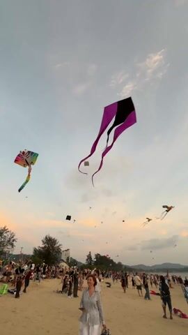 The video shows a kite festival taking place on a beach at sunset. Many kites are flying in the sky, and numerous people are present on the sand. A woman wearing a white striped shirt and white pants stands prominently in the foreground. Other people, including children and adults, are scattered throughout the beach, some holding and flying kites. The kites themselves vary in color and design, including one shaped like a stingray and another with a black and purple color scheme and long tails. The beach is sandy, and trees line the edge where the sand meets the land. In the distance, a cluster of buildings and some distant hills are visible. The sky is filled with kites and displays a mix of blue and orange hues from the sunset.