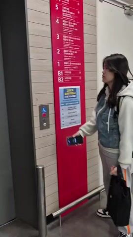An elderly man with dark hair and a patterned short-sleeved shirt walks out of an elevator, holding a yellow plastic bag in his right arm. The elevator has a red panel with text and numbers indicating floor levels. To the right, the elevator doors are partially closed. In the next shot, the man is inside the elevator, now holding a brown paper bag in his left hand and the yellow bag in his right. He wears a dark blue short-sleeved shirt and black pants. A young boy in a white t-shirt and shorts stands next to him, holding a blue box. A woman in a white striped shirt and black pants is also in the elevator, pressing a button on the control panel. The elevator walls are gray and there are posters on the walls. The elevator doors are closing.