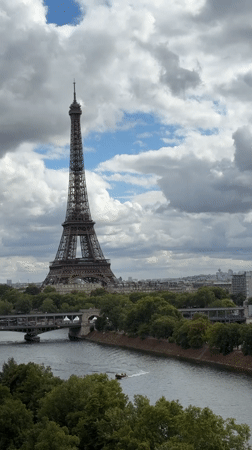 Eiffel Tower under a cloudy Paris sky