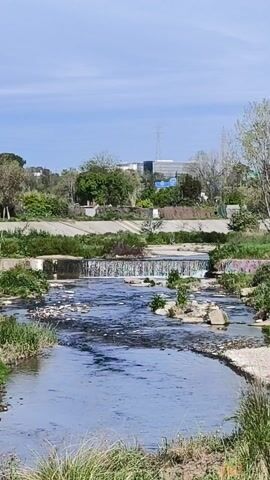 The video shows a small river flowing under a man-made waterfall. The river is clear and has a rocky bottom. The riverbanks are lined with grass and trees. There is a building in the background, and power lines are visible. The sky is blue with some clouds.