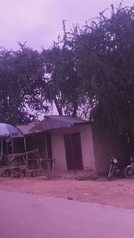 The video displays a street scene in Bojude, Nigeria, likely in the late afternoon or early evening, given the soft, diffused light and the predominantly purple hue of the sky. The camera is oriented vertically, creating a side-scrolling perspective of the environment.

The scene features several individuals, though their features are not clearly discernible. One person is seen wearing a light purple garment and standing near a wooden structure. Another individual, wearing a light brown outfit and a hat, walks past a stall. The general atmosphere suggests a marketplace or a busy roadside area.

Various objects are visible, including a large red umbrella, a bicycle, and what appear to be crates or containers stacked on the ground. The setting includes roadside stalls with corrugated metal roofs and wooden supports, suggesting a somewhat informal commercial area. Power lines are strung across the frame, a common sight in many urban and semi-urban areas.

The activity appears to be everyday life unfolding in a public space, with people moving about and engaging in commerce or simply passing through. There are no overt signs of a specific event, but rather a snapshot of a moment in time.

Notable details include the consistent purple tint to the video, which could be due to lighting conditions or post-processing. The presence of trees on the left side of the frame indicates some greenery in the vicinity. The ground appears to be dirt or gravel.

While the text on the stalls is difficult to read clearly due to the video's resolution and angle, some lettering and signage are present, typical of businesses. One stall has a prominent sign with what looks like images of animals and stylized writing.