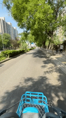 Cyclist rides tree-lined road in Changping District, China