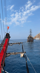 Pirate-themed tourist boat cruising the Alanya coastline