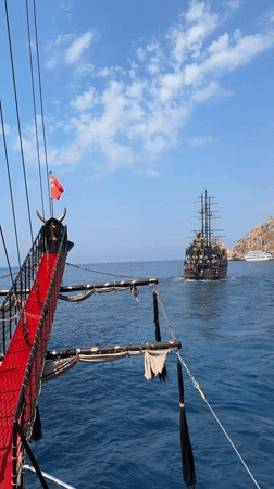 Pirate-themed tourist boat cruising the Alanya coastline