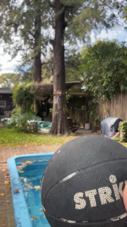 Young man films leaf-covered pool in Argentine backyard