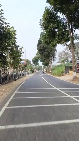 A straight asphalt road stretches into the distance, lined with trees on both sides. On the left side of the road, a black metal fence borders a sidewalk with a paved path. A sign with Indonesian text is visible on the left. On the right side of the road, a grassy embankment rises. The sky is overcast and pale. Several motorcycles are visible on the road, some with riders. The camera appears to be mounted on a moving vehicle, possibly a motorcycle, and the view is looking forward along the road. Crosswalk markings are visible on the road surface.