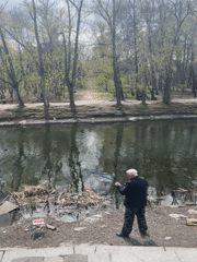 Spring morning at Yekaterinburg's Kharitonov Garden captures fishing, ducks, visitors