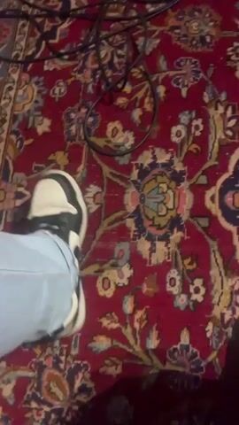The video shows a close-up, high-angle shot of a red oriental rug with blue and yellow floral patterns. A black cable lies on the left side of the rug. The lighting is dim, and the focus is on the intricate details of the rug's design.