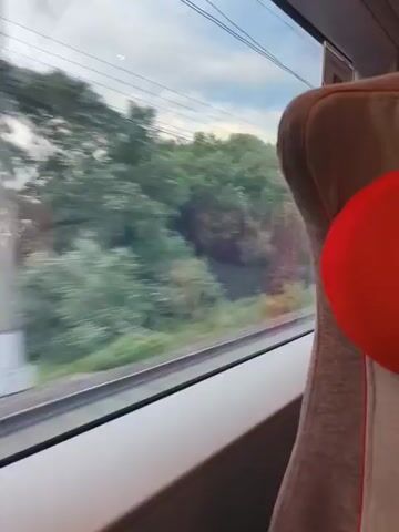 The video captures a journey from a train, offering a view through the window. The primary subject is the passing scenery, dominated by lush green trees and vegetation that blur due to the train's movement. In the foreground, a portion of a train seat is visible, upholstered in a neutral fabric with a subtle pattern, and a bright red spherical object, possibly a cushion or toy, is prominently placed on the seat, adding a splash of color to the frame.

The sky appears overcast with hints of blue peeking through, suggesting a possibly late afternoon or early evening in moderate weather conditions. The presence of overhead power lines indicates the train is on an electrified route. The landscape includes what appears to be a body of water, possibly a river or lake, visible in the distance as the train travels. This suggests the train is passing through a rural or semi-rural area, consistent with the provided location context of Novozavidovsky, Russia.

There is no discernible text within the video. The overall mood is serene and contemplative, as is often associated with train journeys, allowing the viewer to absorb the passing landscape. The activity is simply the act of traveling by train, observing the external environment from a stationary position within the moving vehicle.