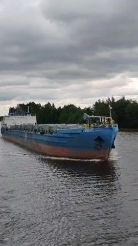 A blue cargo ship sails down a river. The ship has a white superstructure at the stern. The water is choppy, and the sky is cloudy with some trees visible on the shore in the background.