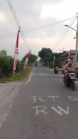 The video shows a road with red and white flags on both sides, suggesting a festive occasion. There are power lines overhead and trees lining the road. A few motorcycles are visible on the road, with one being ridden by a person wearing a dark jacket and helmet. The road appears to be in a rural or suburban area, with some houses and vegetation visible. The sky is overcast. The video is shot from a moving vehicle, likely a motorcycle, looking forward down the road.