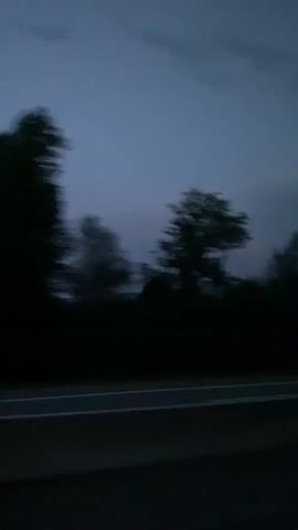 The video shows a view from a moving vehicle at dusk. The sky is a deep blue with some clouds. A line of dark trees is visible on the right side of the frame, and a white line marks the edge of a road. The movement of the trees suggests the vehicle is traveling at a moderate speed.