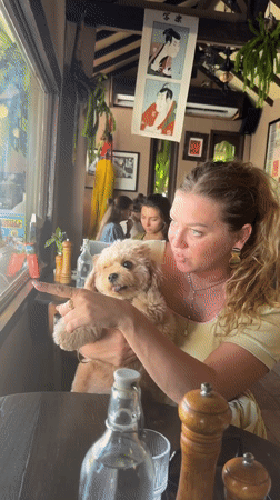 Woman shares breakfast with small dog at Indonesian cafe