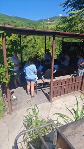 A group of people are gathered under a wooden gazebo with a red roof, some seated at picnic tables, others standing. The gazebo is surrounded by trees and lush greenery, with a hillside in the background under a clear blue sky. Several individuals are walking up a path towards the gazebo. One man in a white shirt and hat is walking away from the camera, while another woman in a blue shirt and denim shorts stands in the foreground looking towards the gazebo. A group of people are walking up a path to the left of the gazebo.