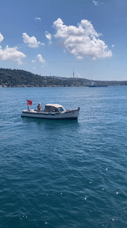 Bosphorus traffic: ferries, cargo ships, and small boats on a clear morning