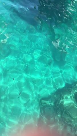 The video displays a serene scene of exceptionally clear, turquoise-colored water. Sunlight penetrates the surface, creating dynamic, shimmering ripple patterns on the bottom, which appears to be a mix of sand and rocks. Several small, silver-bodied fish are visible, swimming leisurely through the translucent water. A darker, possibly rocky or deeper area is situated towards the bottom right of the frame. The bright lighting suggests it is daytime, and the overall atmosphere is peaceful. There are no people, objects other than fish and possibly rocks, or visible text.