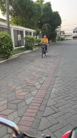 The video shows a person riding a bicycle on a paved road. The subject is a woman wearing a yellow t-shirt and blue pants, with a basket on the front of her bicycle. She is smiling and appears to be enjoying her ride. The road is made of interlocking pavers in a geometric pattern, with a reddish-brown brick border running down the center. Lush green bushes and trees line the left side of the road, behind a white wall. In the background, there are buildings and a few other people, one of whom is also on a bicycle. The lighting suggests it is either early morning or late afternoon, with a soft, diffused light. The overall scene is peaceful and serene. The location is Boro, Indonesia. No visible text is present in the media file.
