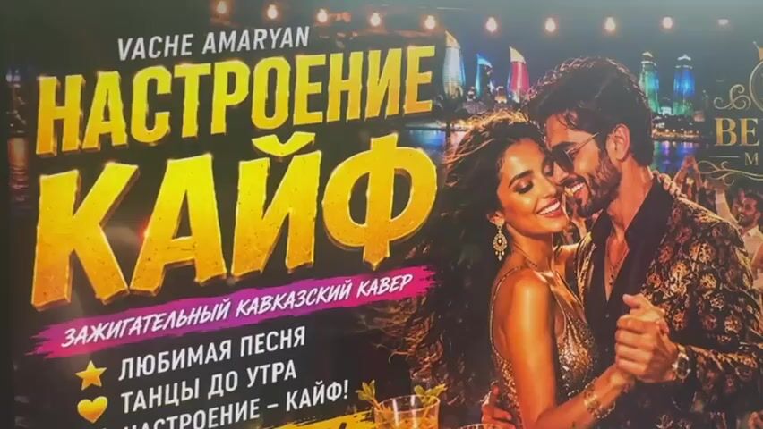 A video shows a poster with a couple dancing. The poster is mostly black with large yellow text that reads "НАСТРОЕНИЕ КАЙФ". Below that, in smaller white text, it says "ЗАЖИГАТЕЛЬНЫЙ КАВКАЗСКИЙ КАВЕР". There are also bullet points with yellow stars and hearts. The couple on the poster is a man and a woman. The man has a beard and is wearing a patterned jacket and a necklace. The woman is wearing a sparkly dress and jewelry. They are smiling and embracing each other. The background of the poster appears to be a city skyline at night. The video zooms in and out on the poster.