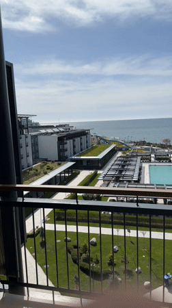 Tourist captures balcony views at Bulgarian coastal resort