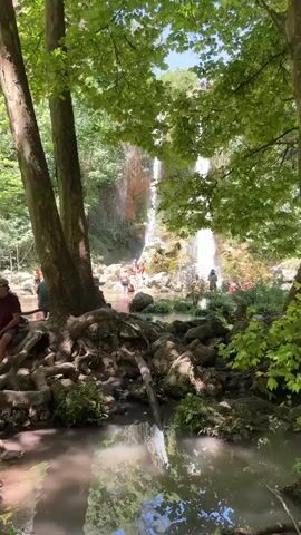 The video shows a natural scene with a waterfall cascading down a rocky cliff face. Lush green trees and foliage surround the waterfall, with their leaves creating a dappled sunlight effect on the ground. A body of water, likely a river or pool, is visible at the base of the waterfall, with several people bathing and swimming in it. In the foreground, large tree roots are exposed, intertwined with rocks and the ground. Some people are sitting on the roots or near the water's edge, observing the scene or interacting with each other. The overall atmosphere appears to be one of leisure and enjoyment in a natural, picturesque setting.