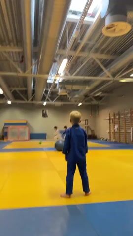 A group of young children in martial arts uniforms are practicing on a yellow and blue mat in a gymnasium. A boy in a blue uniform stands facing away from the camera. In the background, three other children are engaged in an activity that involves a large blue mat propped against a wall and a green ball. One child in a white uniform is partially obscured by the blue mat, while another child in a blue uniform is pushing against the mat. A third child in a white uniform is moving away from the mat. There is a hockey net in the background, as well as exercise equipment. The gymnasium has a high ceiling with exposed ventilation systems and fluorescent lighting.