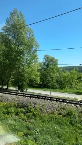 The video shows a view from a moving train. The train tracks are visible on the left, and a road runs parallel to the tracks. A body of water can be seen through the trees on the other side of the road. Power lines run above the tracks. The sky is blue with a few clouds. A utility pole is also visible.