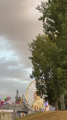 The video shows a large Ferris wheel with illuminated cabins and a prominent "B" logo in the center. The Ferris wheel is partially obscured by the branches and leaves of a large tree in the foreground. In the background, there are other amusement park rides and structures, also illuminated. The sky is cloudy, suggesting it might be dusk or an overcast day. The overall scene depicts an amusement park setting.