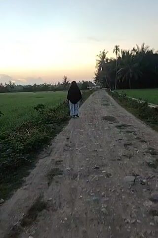 A person wearing a black hijab and a light-colored patterned garment walks along a dirt road through a rural area. The road is flanked on both sides by lush green rice paddies. The sky is a mix of light blue and orange, indicating either sunrise or sunset. Palm trees and other vegetation line the horizon. The road itself is uneven and partially covered with small rocks. The camera follows the person from behind as they walk away.