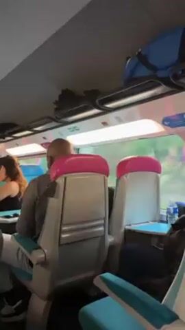 The interior of a train car is shown. Passengers are seated in grey and blue seats with pink headrests. Some luggage is stored in overhead compartments. A man with a shaved head is visible in the foreground, facing forward.  Outside the window, trees and vegetation are seen moving past quickly. A water bottle is visible on a table.