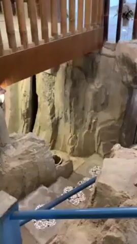 Here is a description of the video:

The video shows an artistic, artificial landscape. It features a set of stairs made of what appears to be artificial stone or concrete, with decorative white flower-shaped tiles embedded in the steps. The stairs are surrounded by faux rock formations, and a small potted plant is visible near the top. A wooden bridge-like structure with a bamboo-style railing is positioned overhead, partially obscuring the view of the upper level. The camera moves slightly, offering different angles of the landscape.