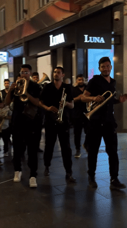 Brass band performs street music in downtown Belgrade